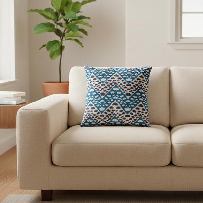 Silk Velvet Ikat Cushion – Off White/Turquoise/Midnight Indigo