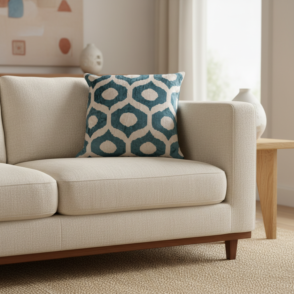 Silk Velvet Ikat Cushion – Off White/Turquoise