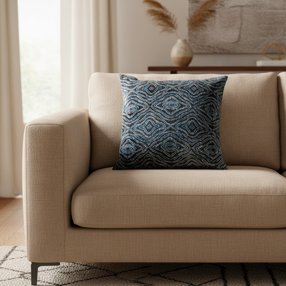 Silk Velvet Ikat Cushion – Off White/Midnight Indigo/Turquoise