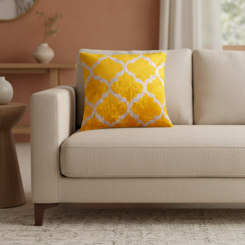 Silk Velvet Ikat Cushion – Off White/Yellow