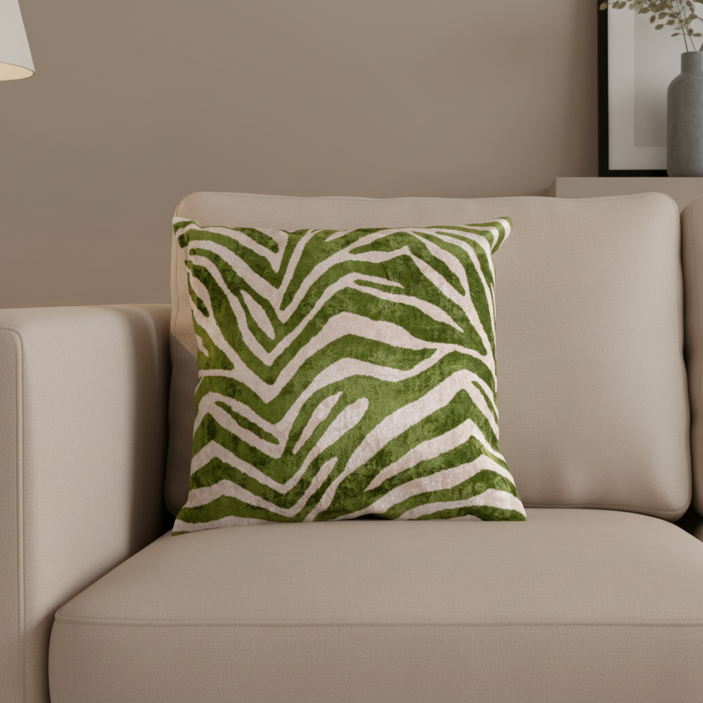 Silk Velvet Ikat Cushion – Off White/Green