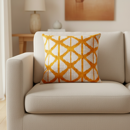 Silk Velvet Ikat Cushion – Off White/Saffron Gold
