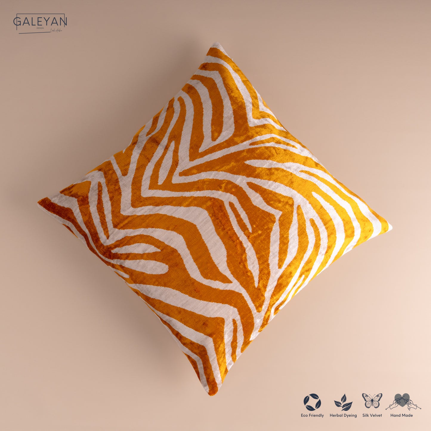 Silk Velvet Ikat Cushion – Off White/Saffron Gold