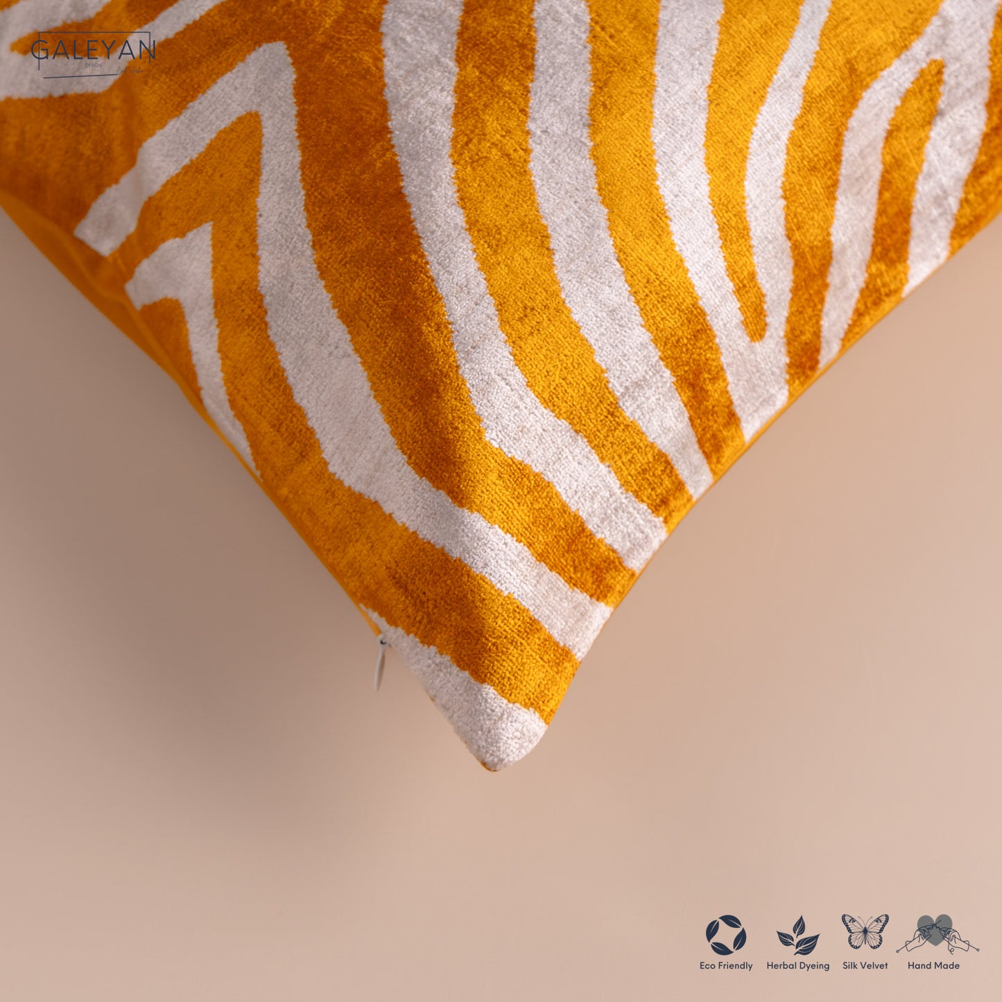 Silk Velvet Ikat Cushion – Off White/Saffron Gold