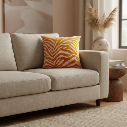 Silk Velvet Ikat Cushion – Off White/Saffron Gold