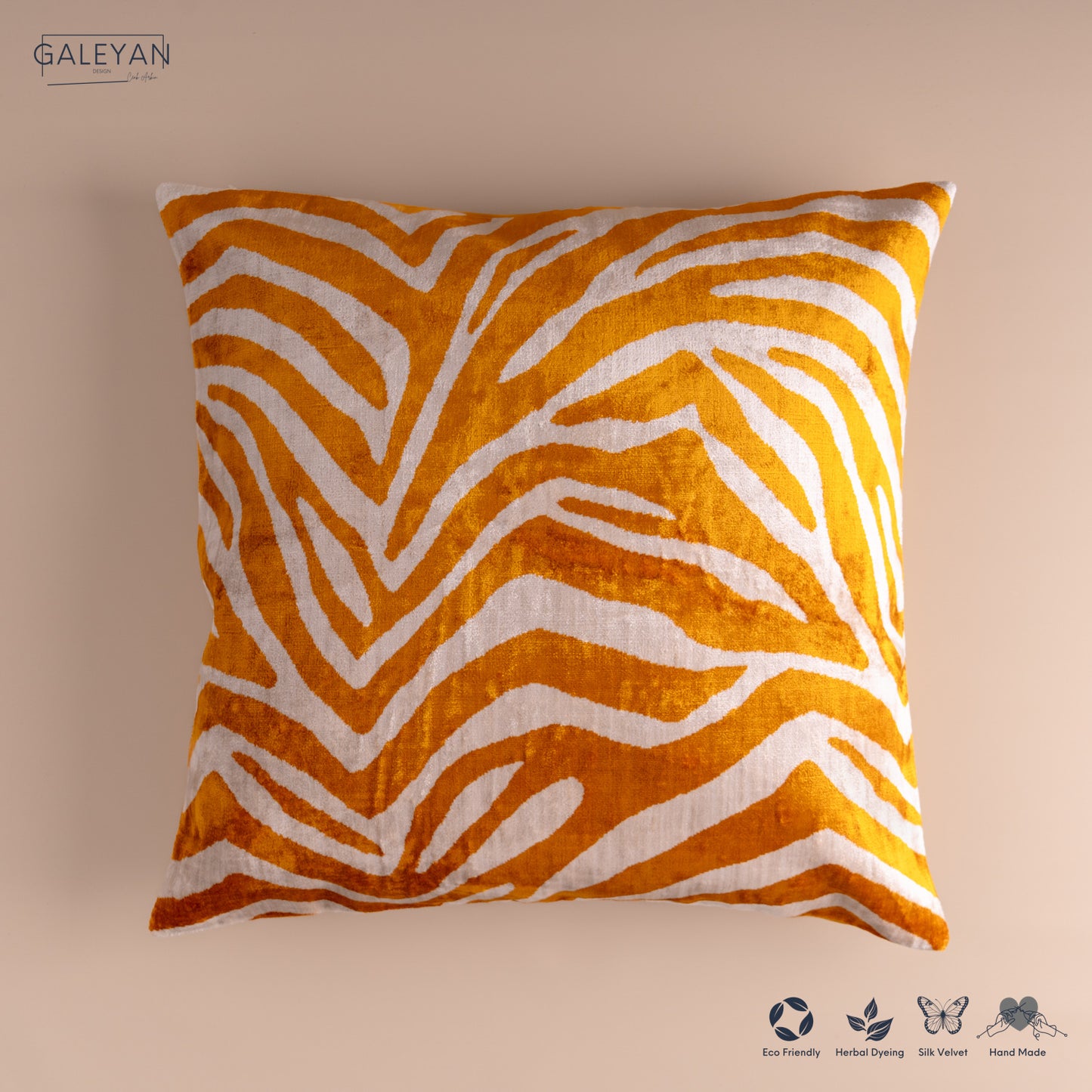 Silk Velvet Ikat Cushion – Off White/Saffron Gold