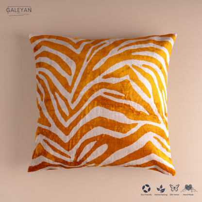 Silk Velvet Ikat Cushion – Off White/Saffron Gold