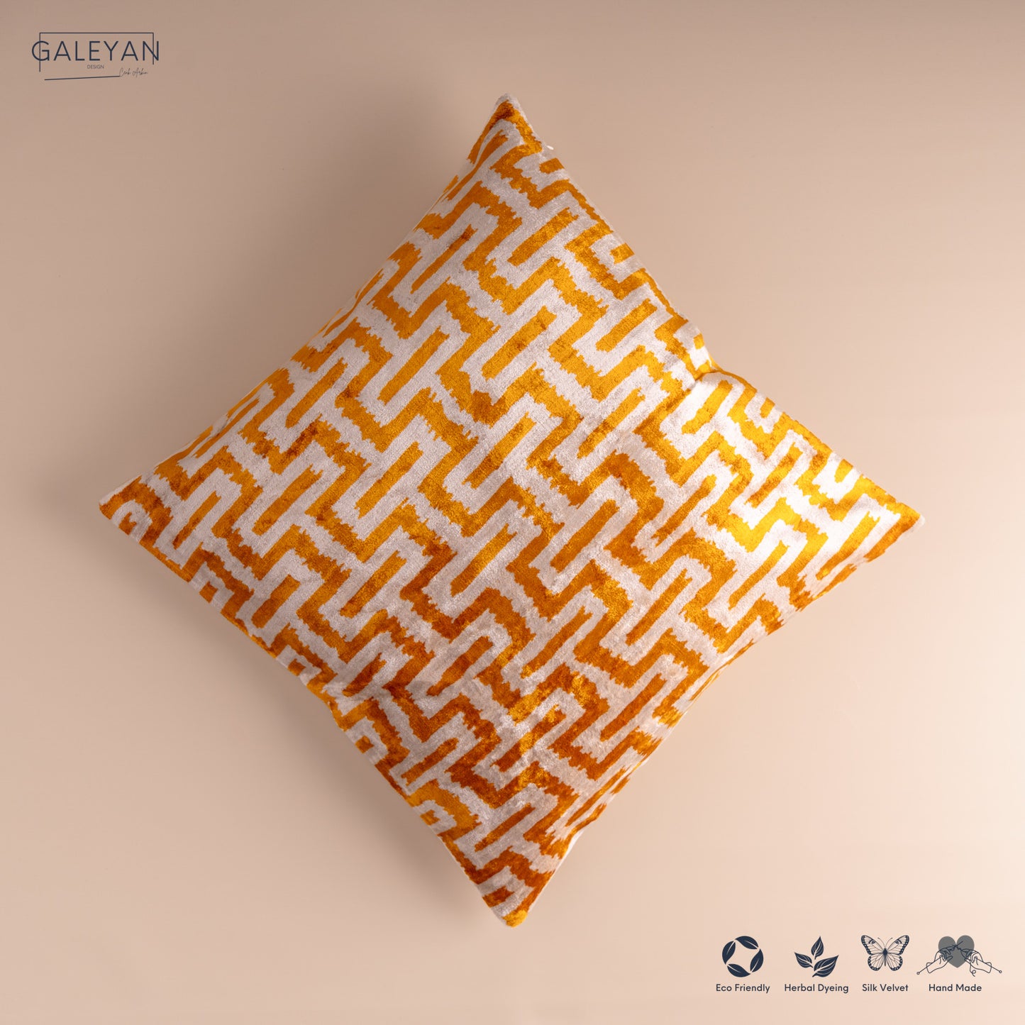 Silk Velvet Ikat Cushion – Off White/Saffron Gold