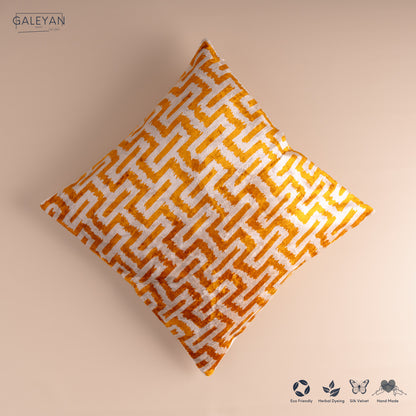 Silk Velvet Ikat Cushion – Off White/Saffron Gold