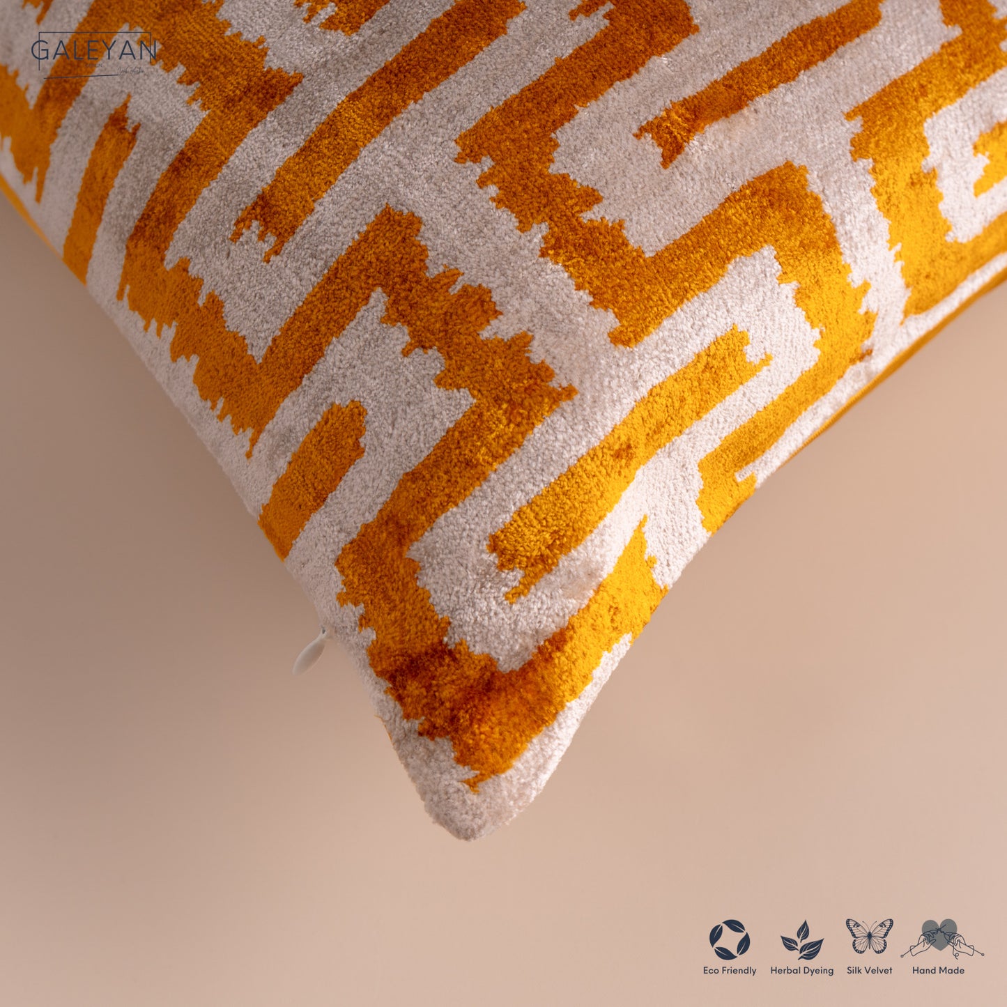 Silk Velvet Ikat Cushion – Off White/Saffron Gold