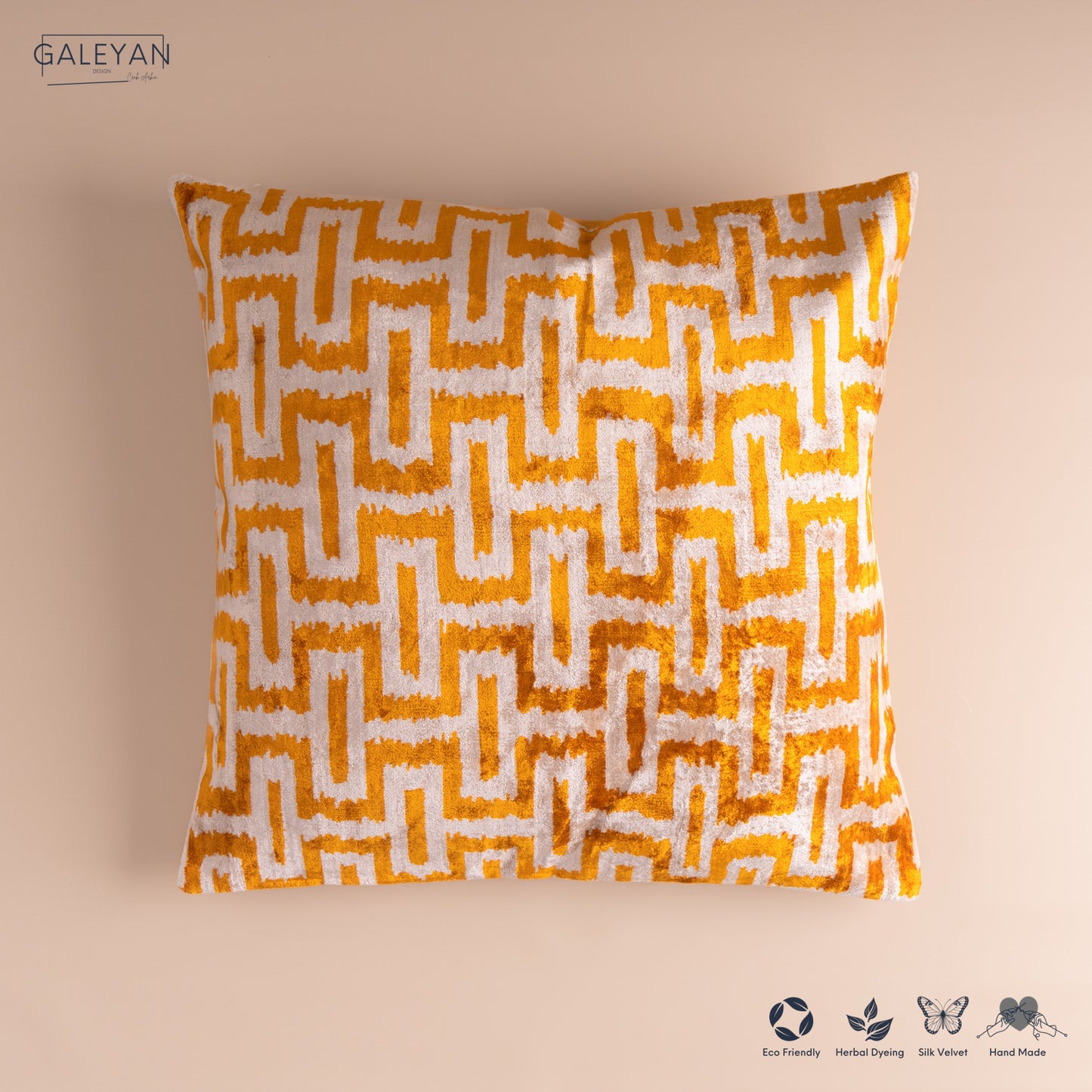 Silk Velvet Ikat Cushion – Off White/Saffron Gold