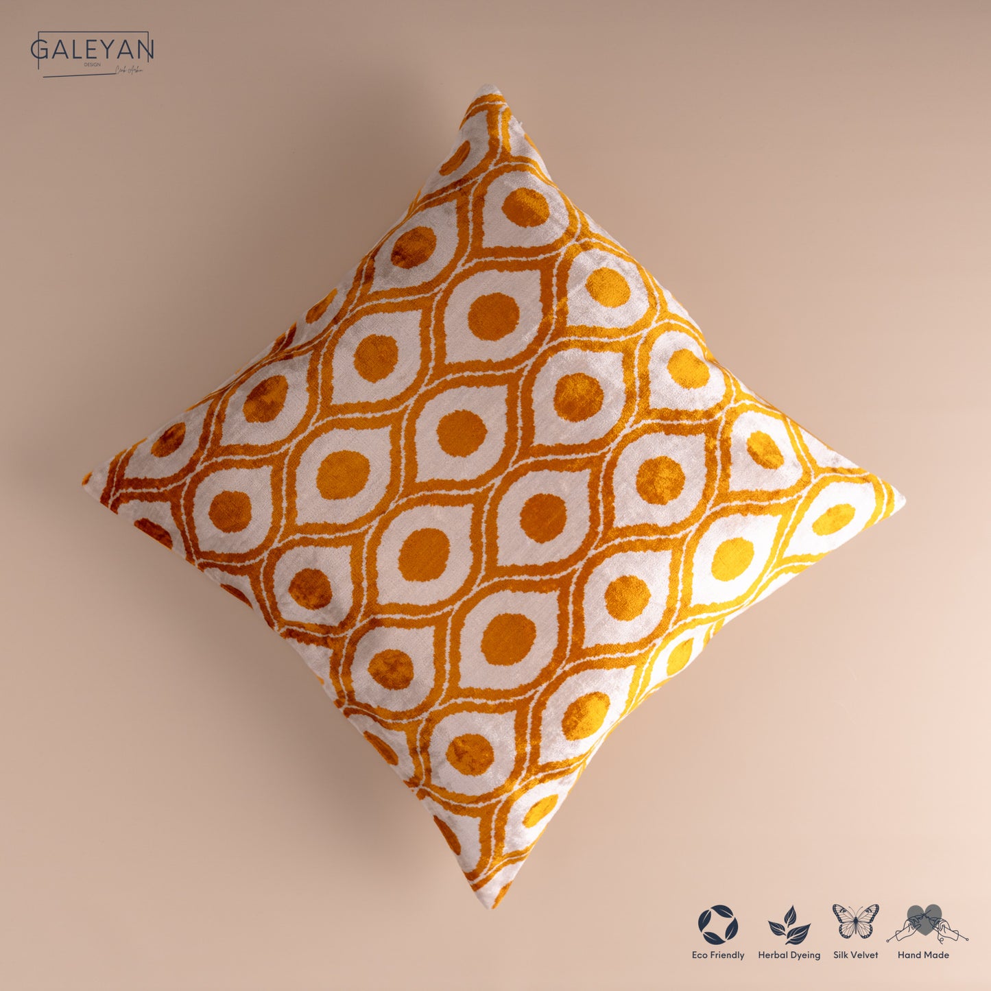 Silk Velvet Ikat Cushion – Off White/Saffron Gold