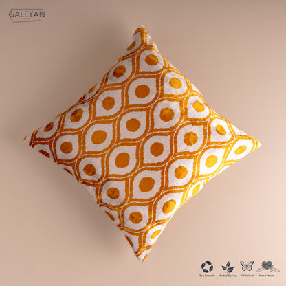 Silk Velvet Ikat Cushion – Off White/Saffron Gold