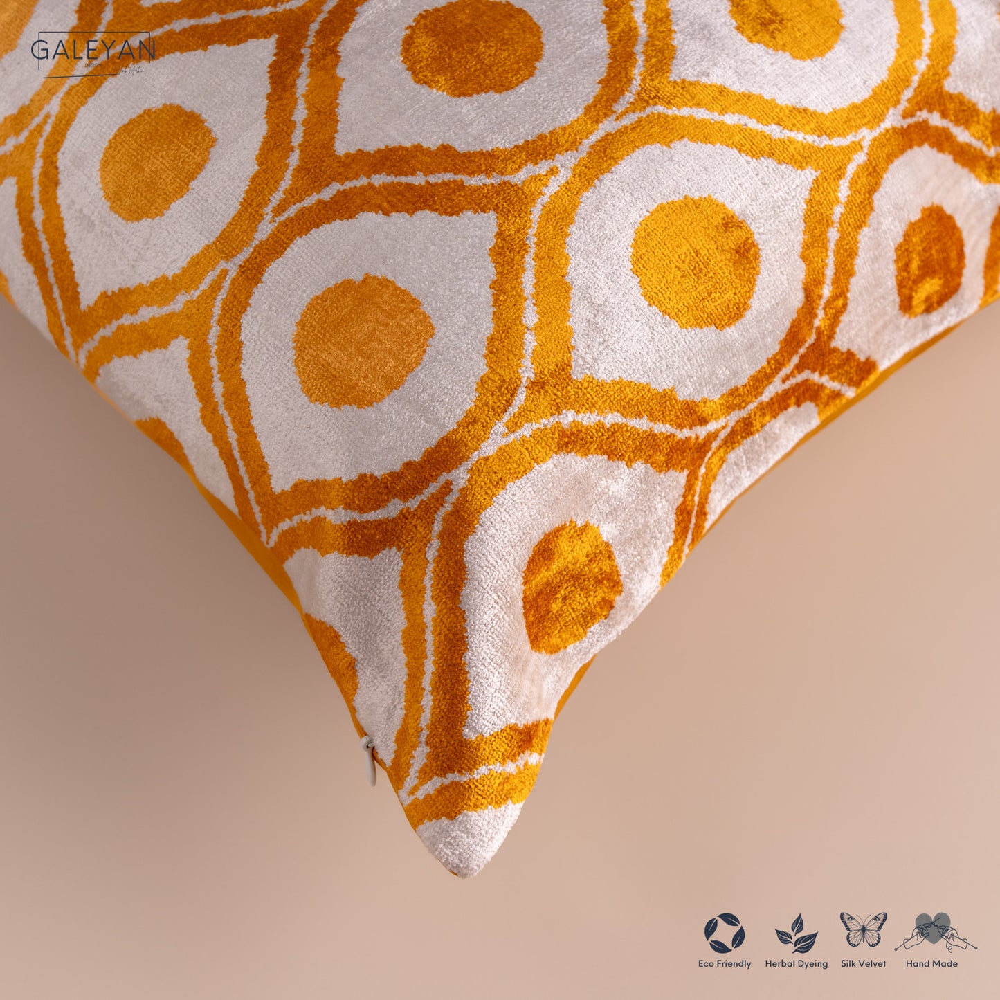 Silk Velvet Ikat Cushion – Off White/Saffron Gold