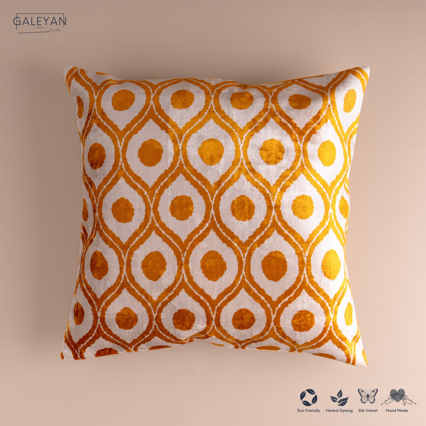 Silk Velvet Ikat Cushion – Off White/Saffron Gold