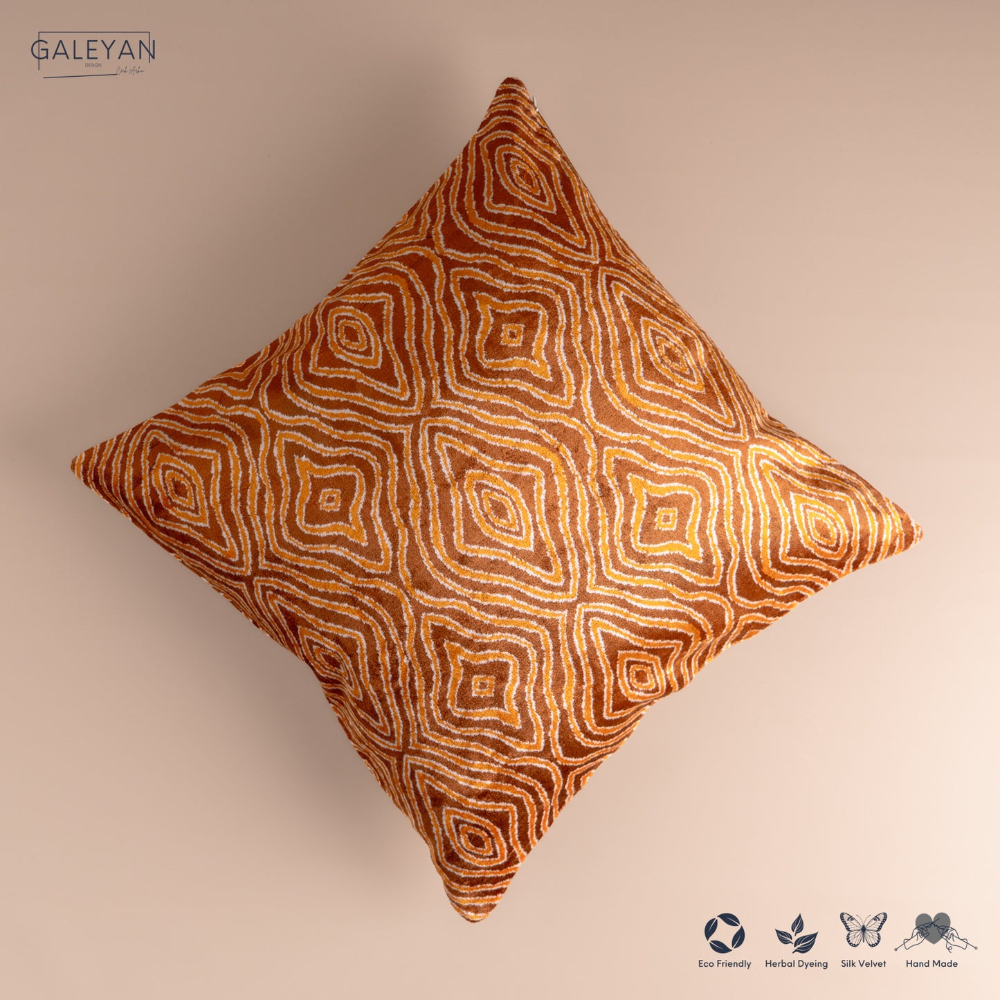 Silk Velvet Ikat Cushion – Brown/Saffron Gold