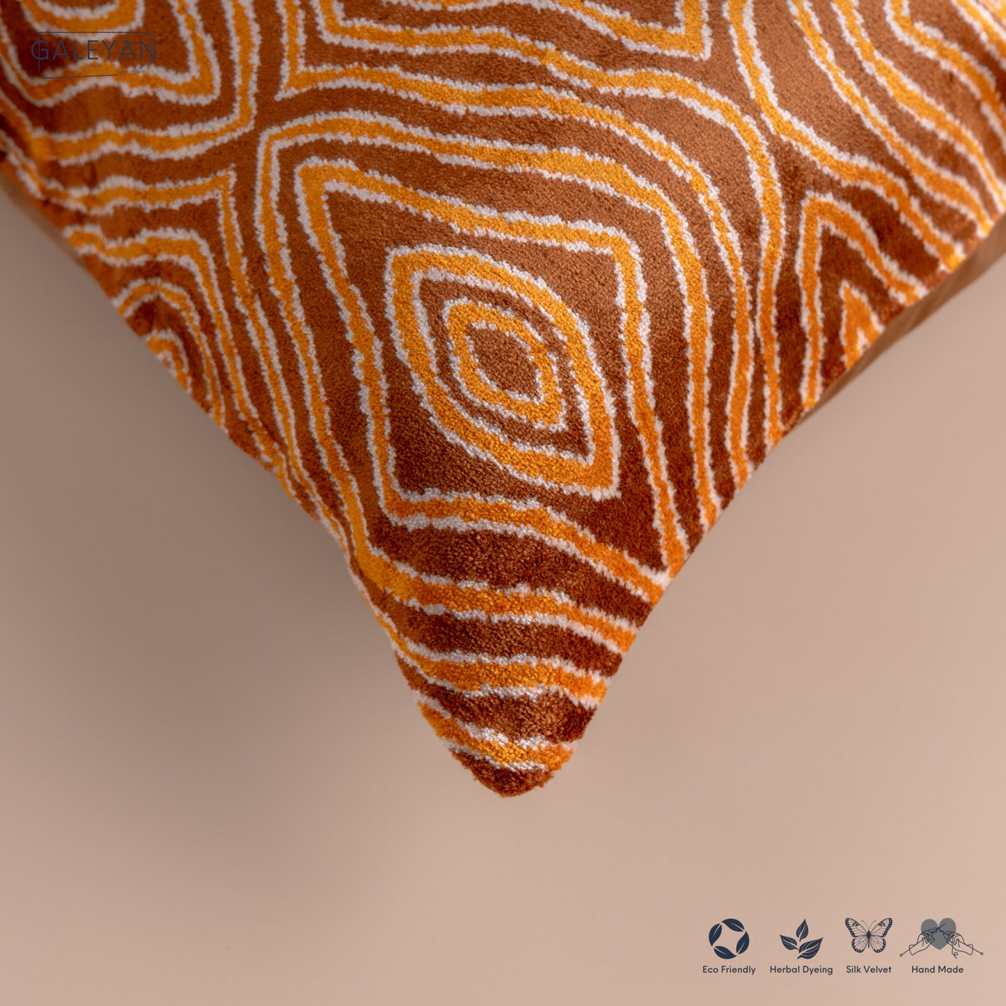 Silk Velvet Ikat Cushion – Brown/Saffron Gold