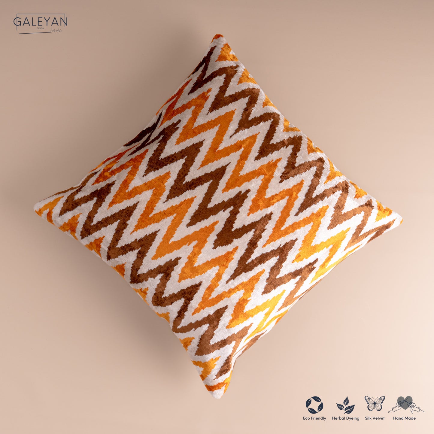 Silk Velvet Ikat Cushion – Off White/Brown/Saffron Gold