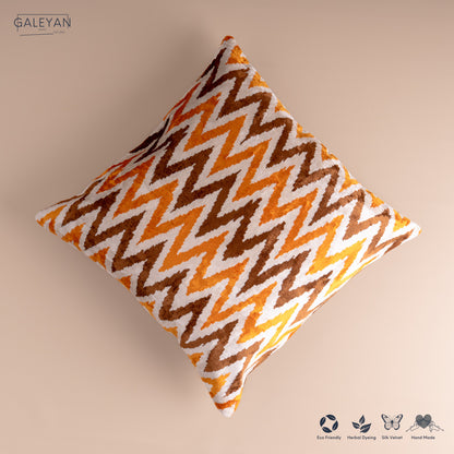 Silk Velvet Ikat Cushion – Off White/Brown/Saffron Gold