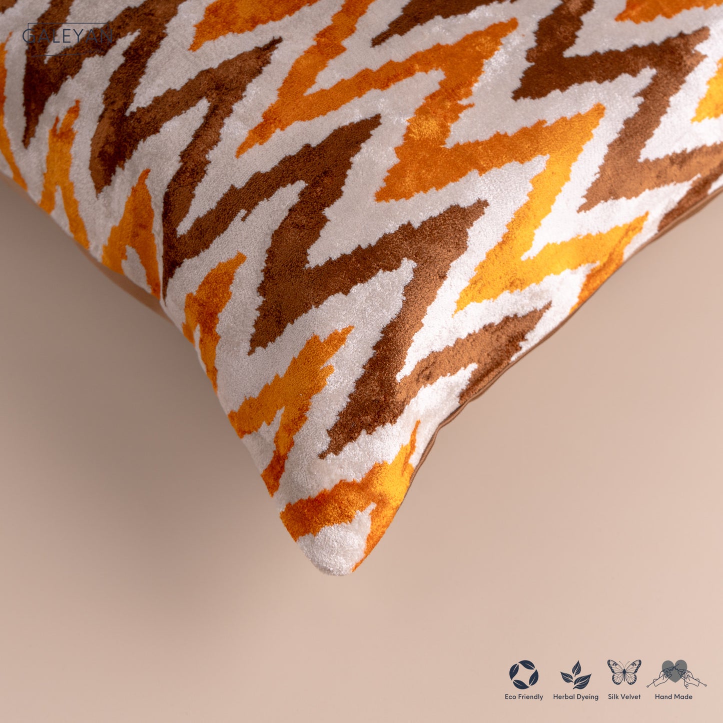 Silk Velvet Ikat Cushion – Off White/Brown/Saffron Gold