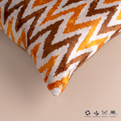 Silk Velvet Ikat Cushion – Off White/Brown/Saffron Gold