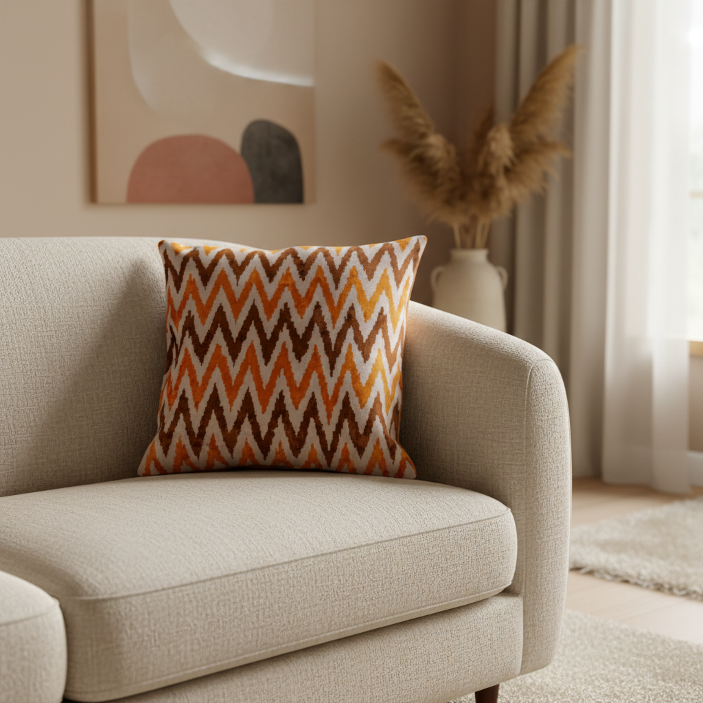 Silk Velvet Ikat Cushion – Off White/Brown/Saffron Gold