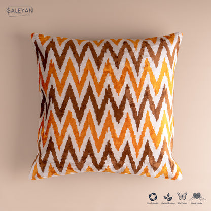Silk Velvet Ikat Cushion – Off White/Brown/Saffron Gold