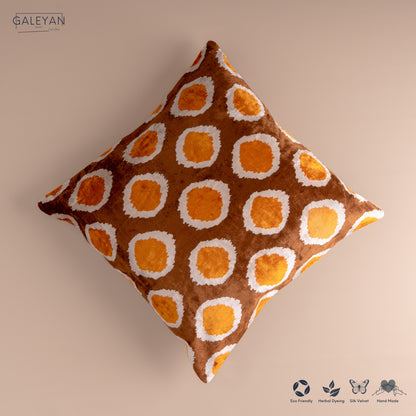 Silk Velvet Ikat Cushion – Off White/Brown/Saffron Gold