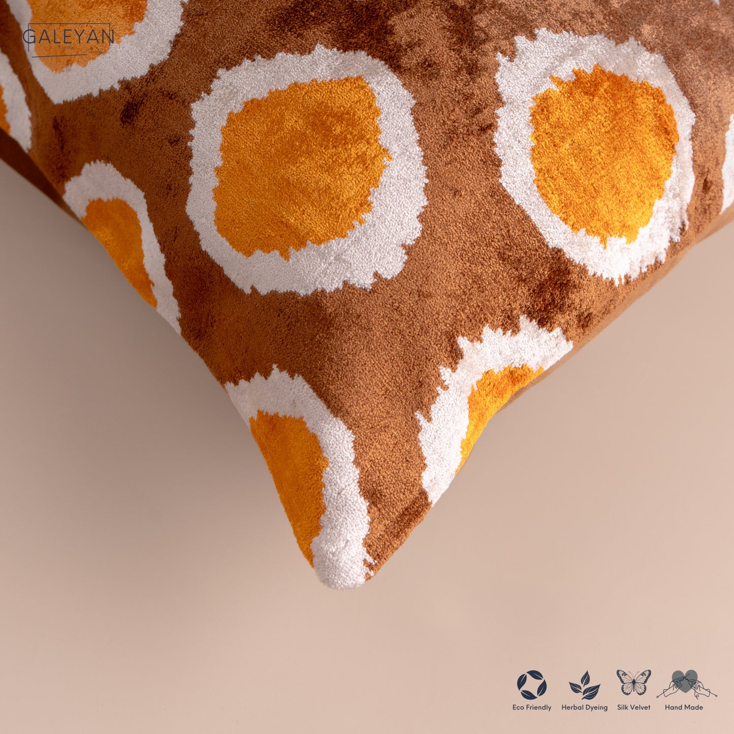 Silk Velvet Ikat Cushion – Off White/Brown/Saffron Gold