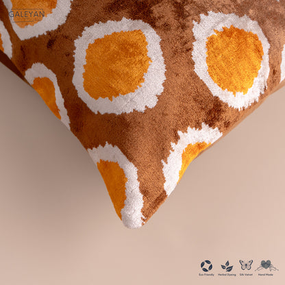 Silk Velvet Ikat Cushion – Off White/Brown/Saffron Gold