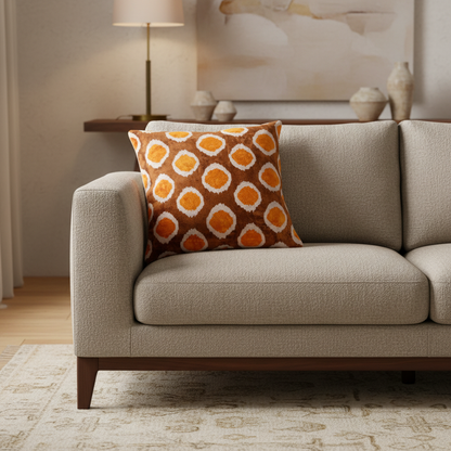 Silk Velvet Ikat Cushion – Off White/Brown/Saffron Gold