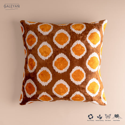 Silk Velvet Ikat Cushion – Off White/Brown/Saffron Gold