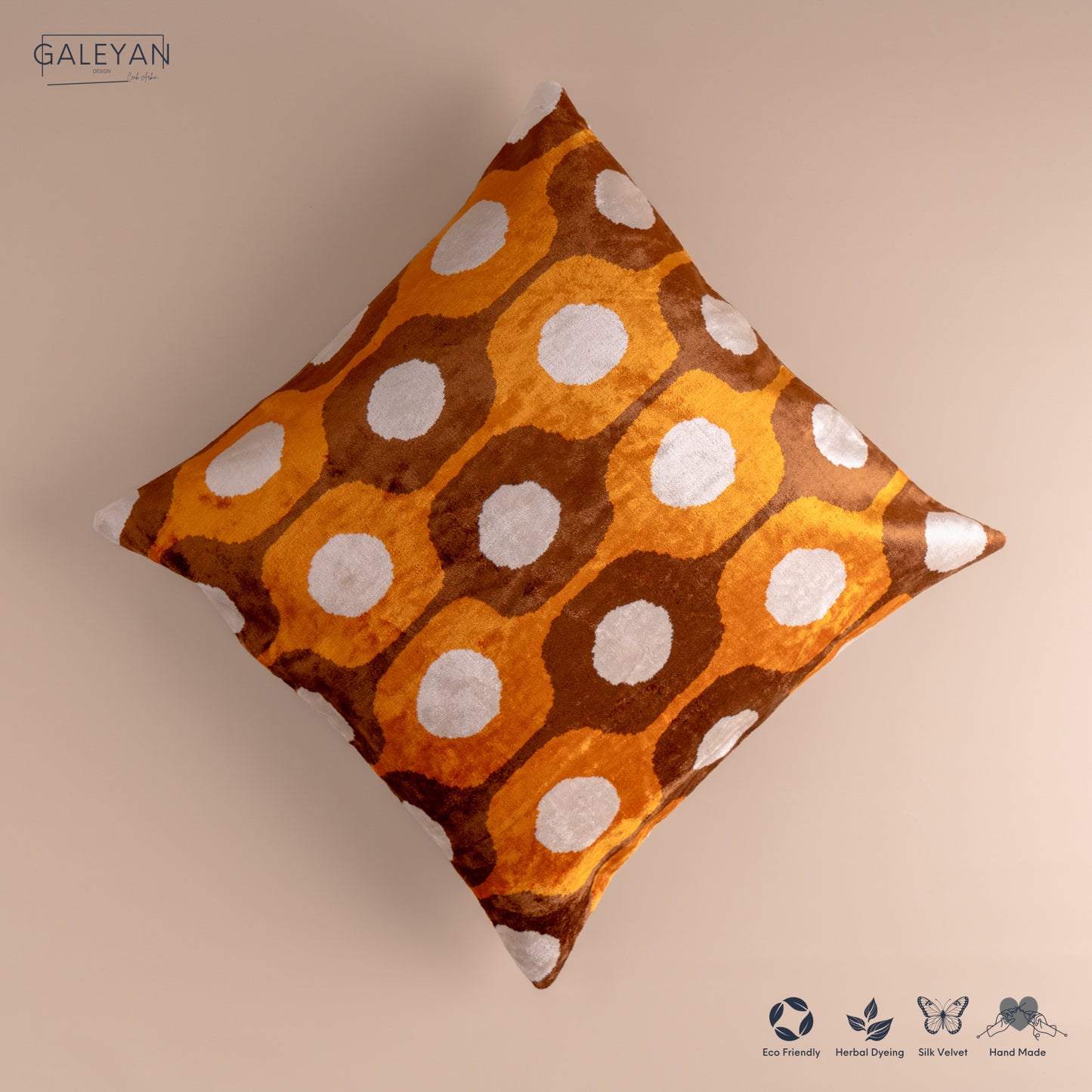 Silk Velvet Ikat Cushion – Off White/Brown/Saffron Gold