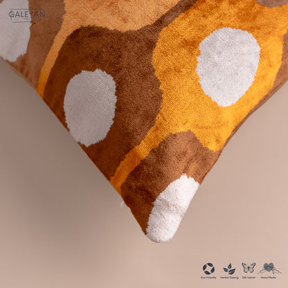 Silk Velvet Ikat Cushion – Off White/Brown/Saffron Gold