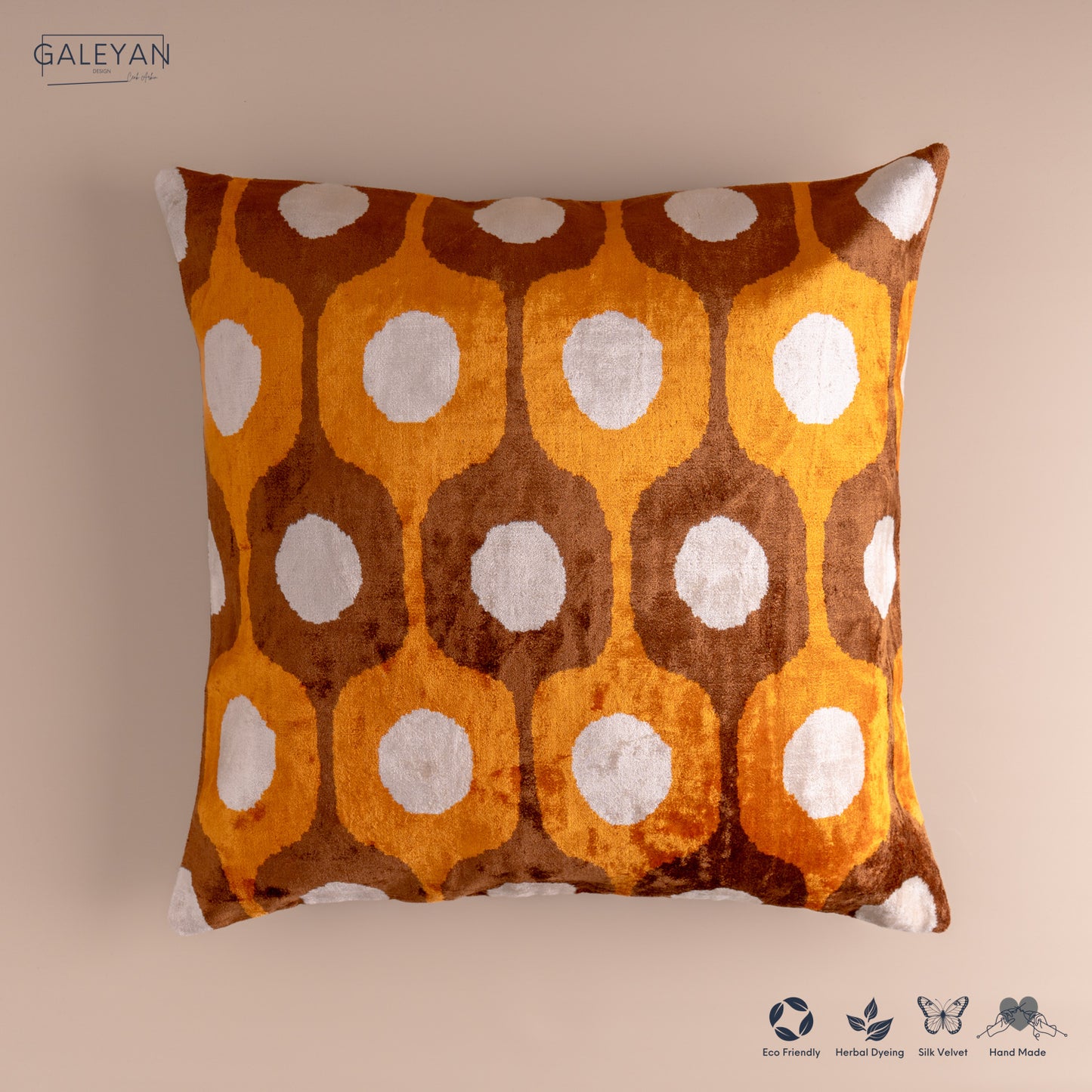 Silk Velvet Ikat Cushion – Off White/Brown/Saffron Gold