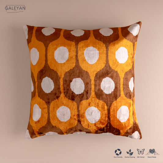 Silk Velvet Ikat Cushion – Off White/Brown/Saffron Gold
