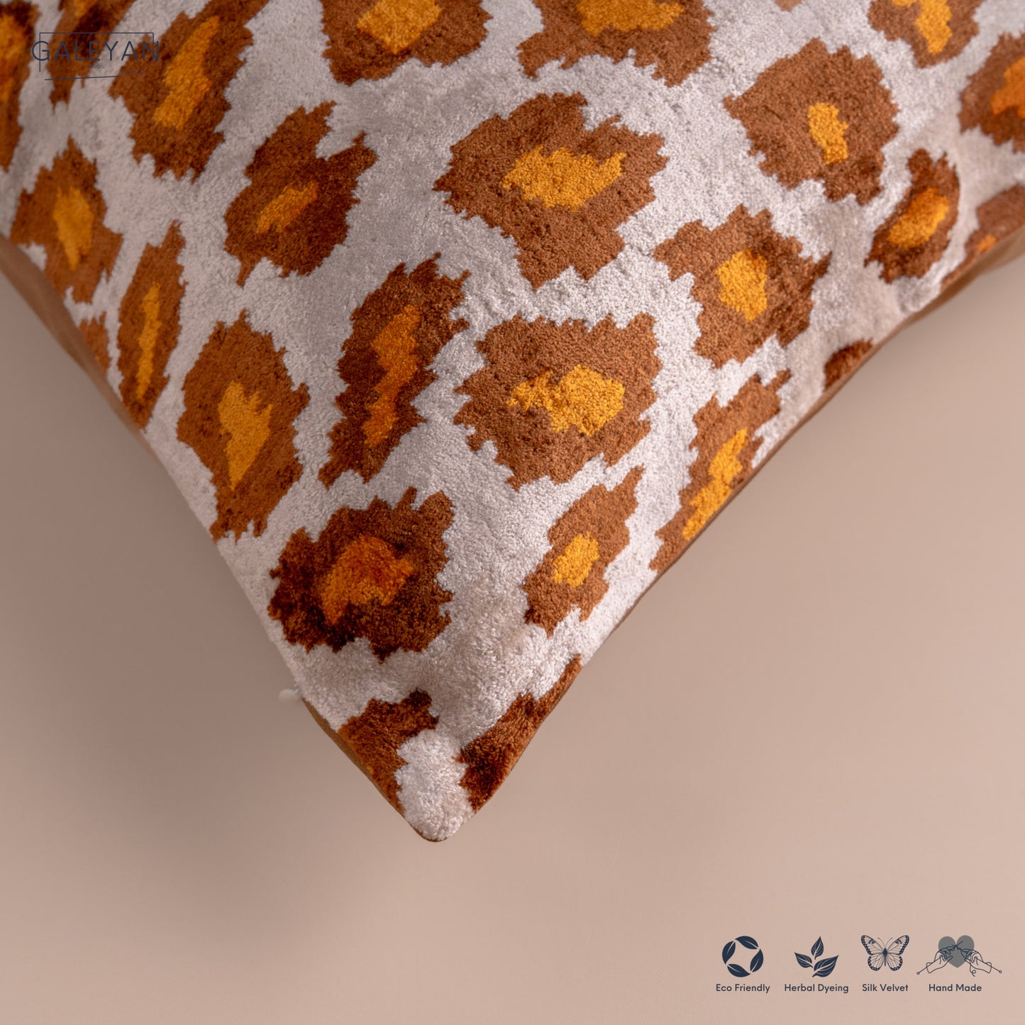 Silk Velvet Ikat Cushion – Off White/Brown/Saffron Gold
