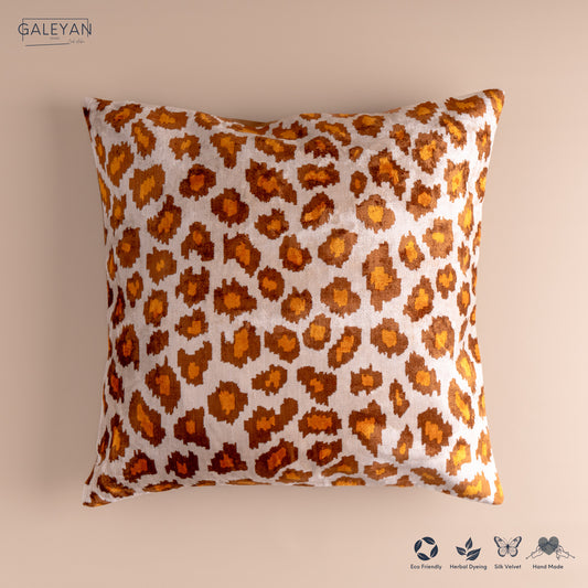 Silk Velvet Ikat Cushion – Off White/Brown/Saffron Gold