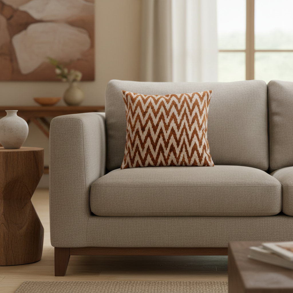Silk Velvet Ikat Cushion – Off White/Brown