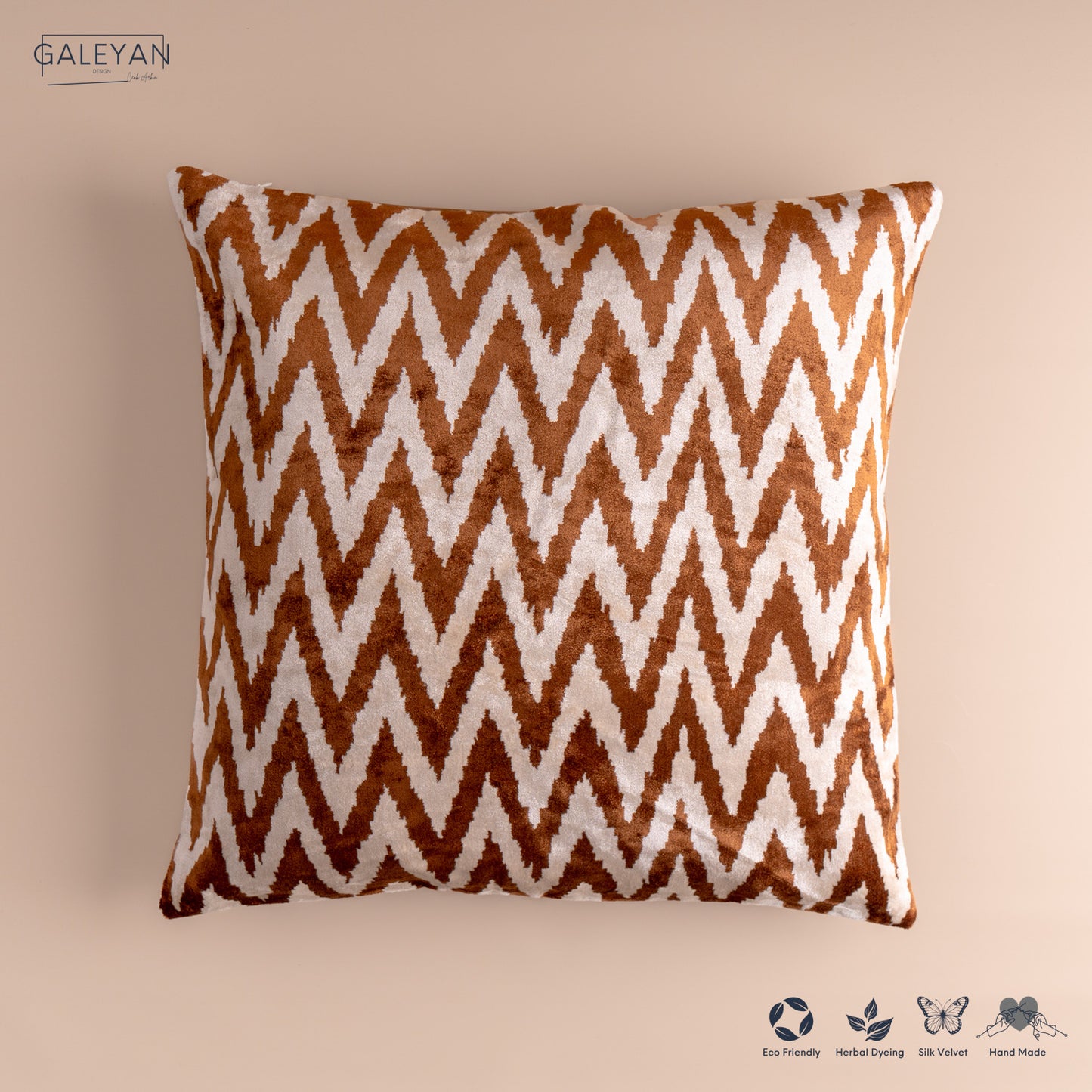 Silk Velvet Ikat Cushion – Off White/Brown