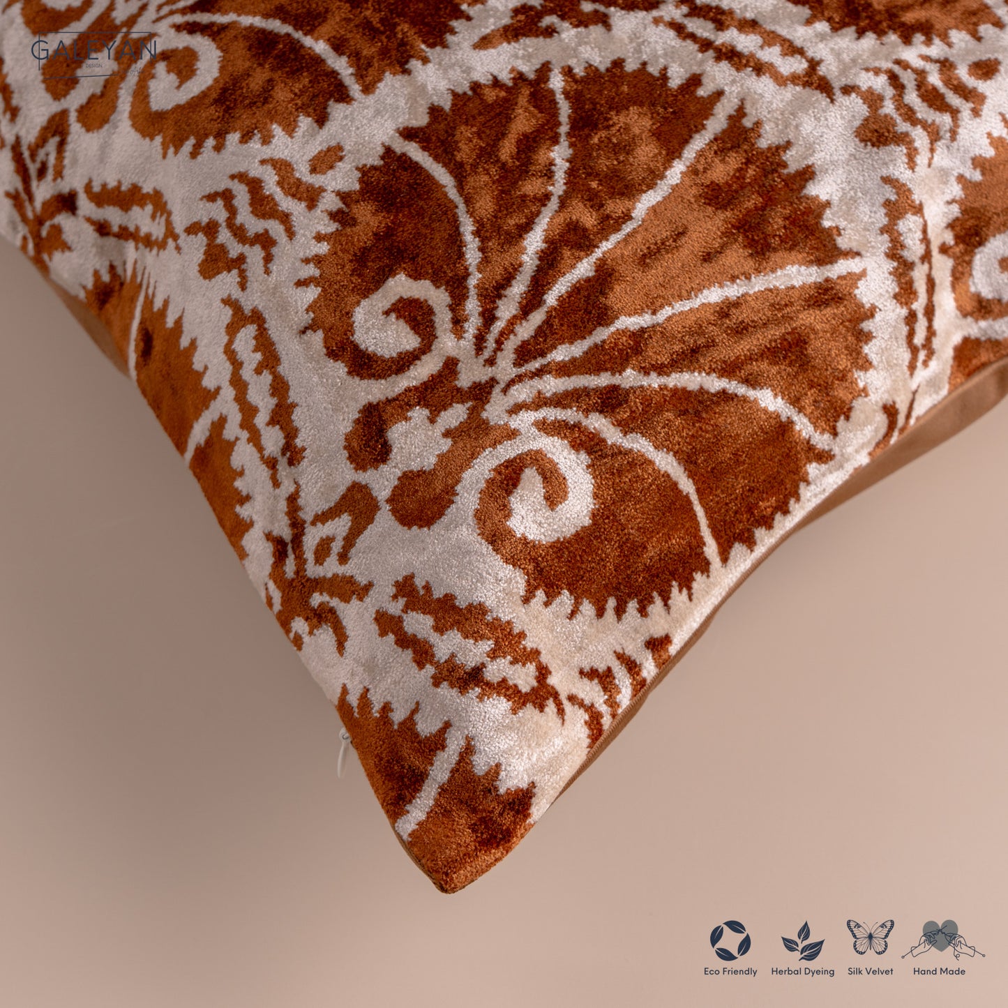 Silk Velvet Ikat Cushion – Off White/Brown
