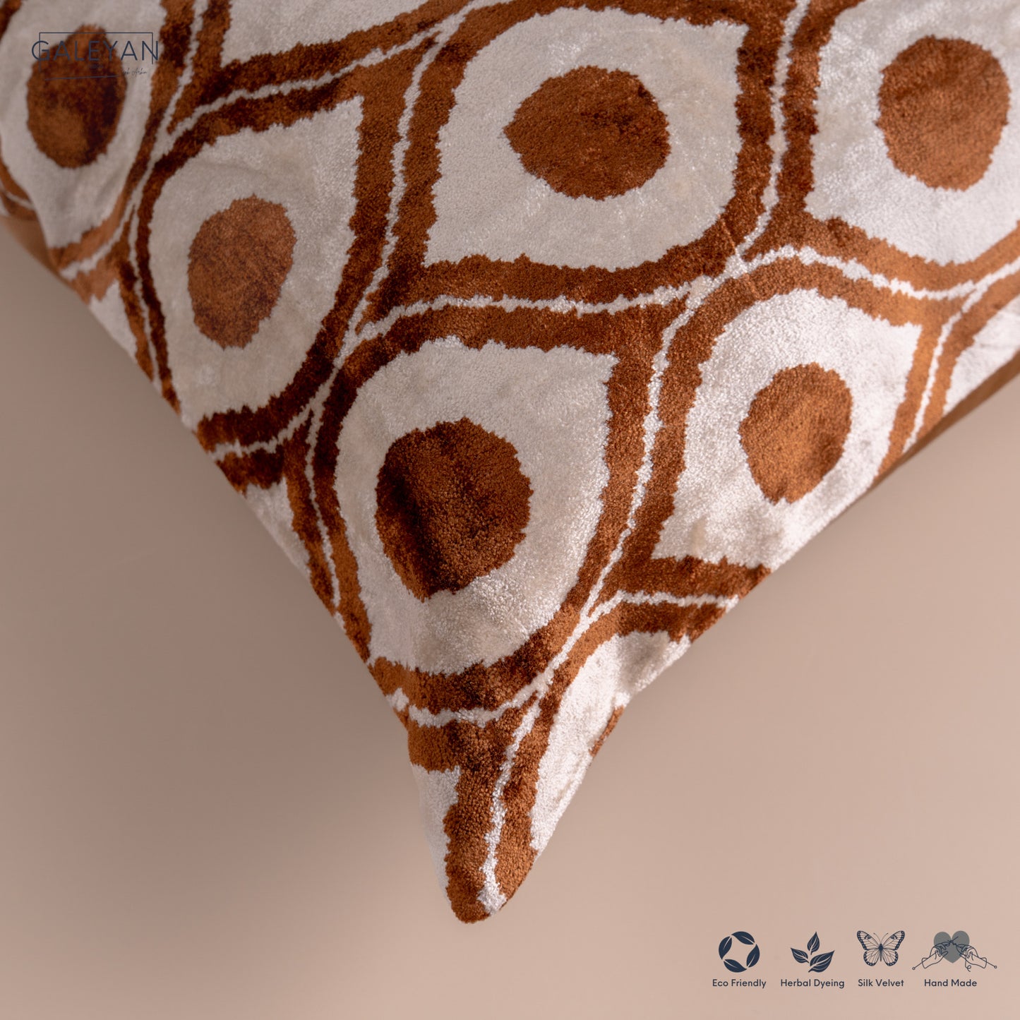 Silk Velvet Ikat Cushion – Off White/Brown