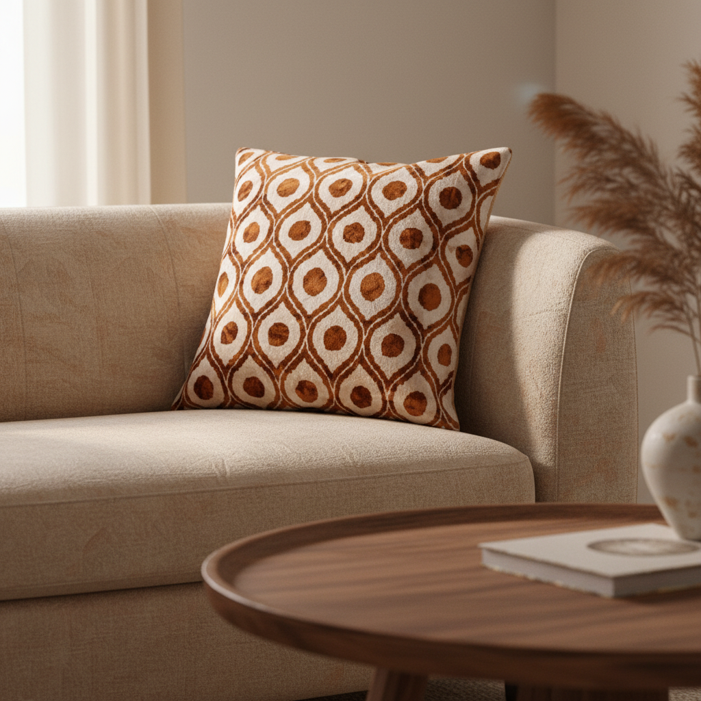 Silk Velvet Ikat Cushion – Off White/Brown