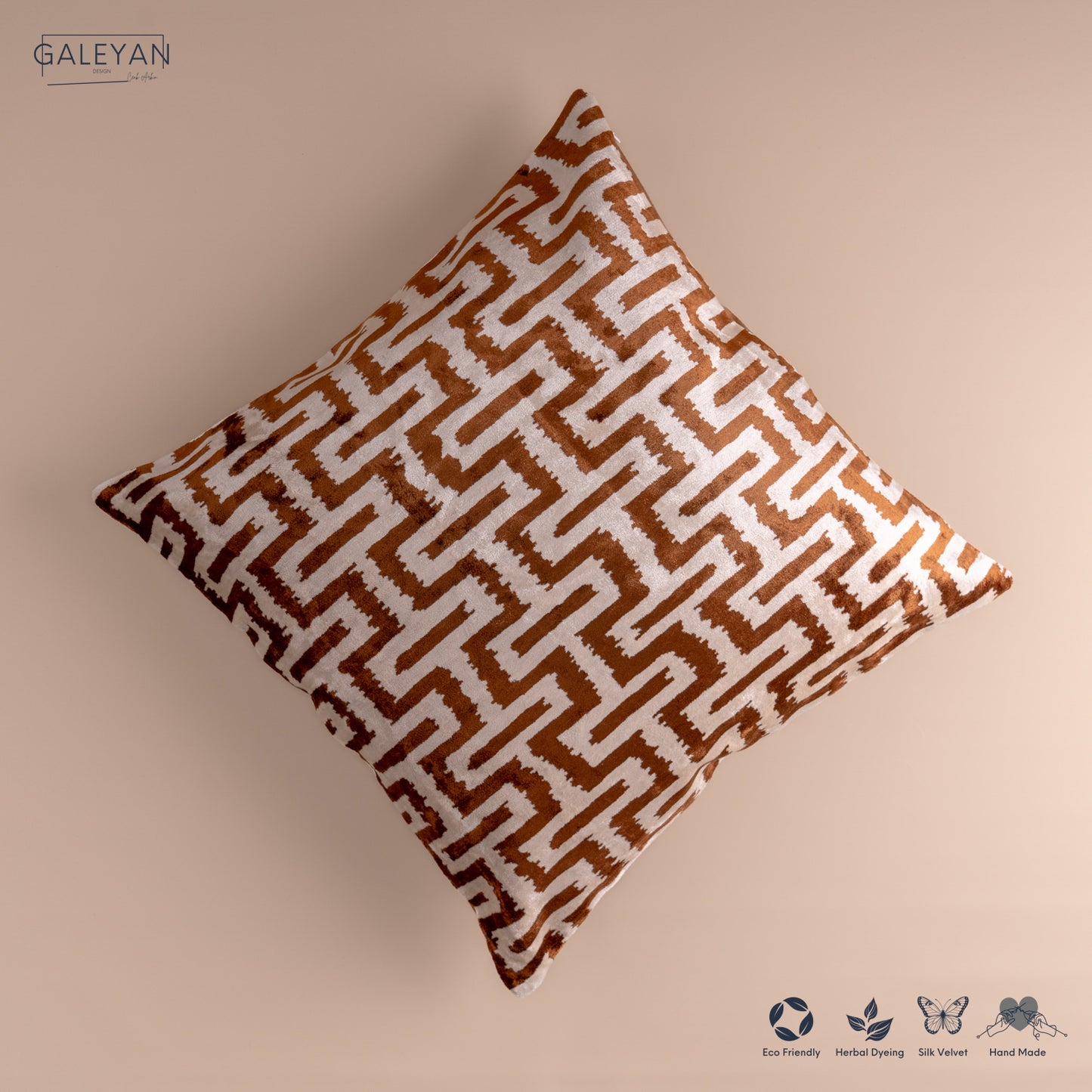 Silk Velvet Ikat Cushion – Off White/Brown