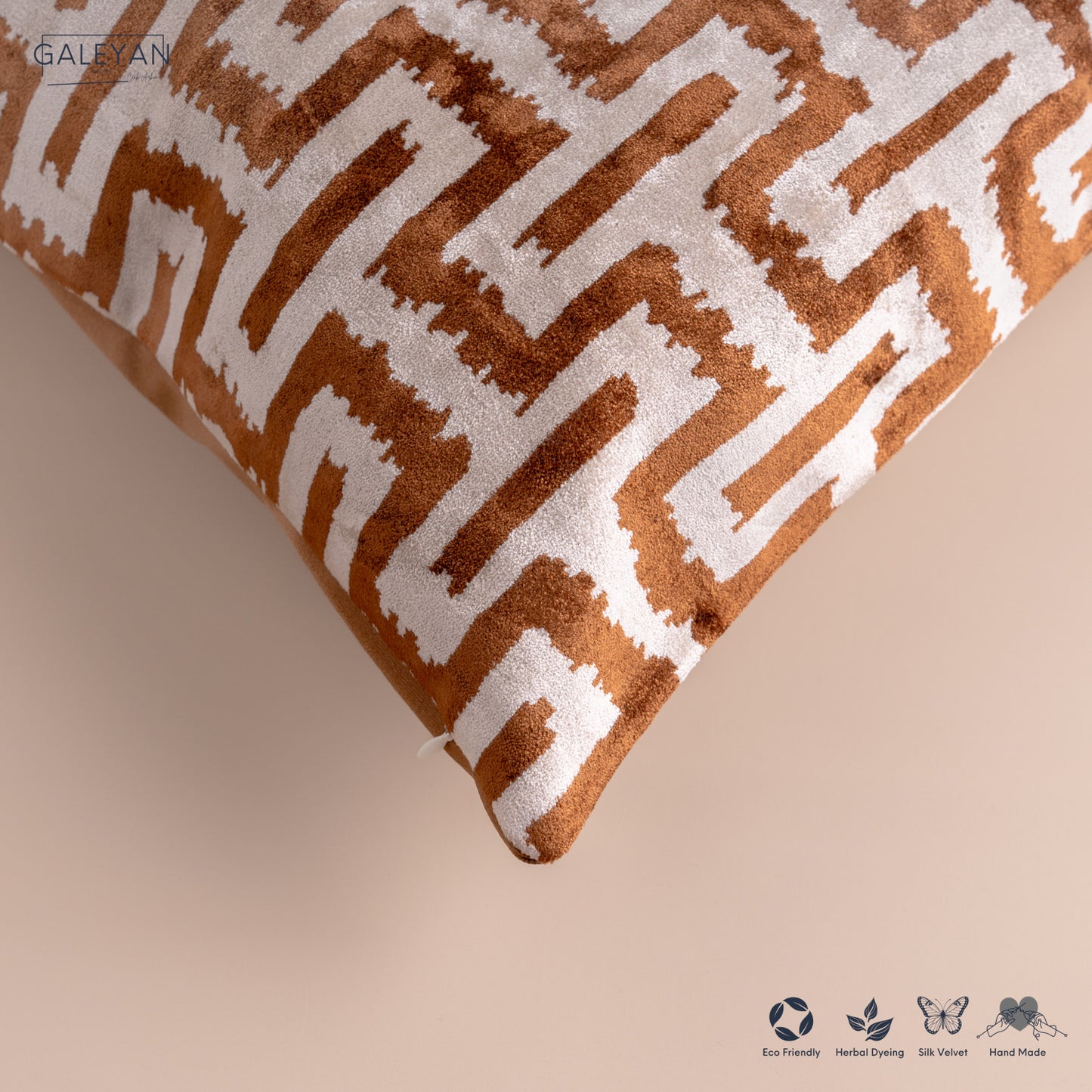 Silk Velvet Ikat Cushion – Off White/Brown