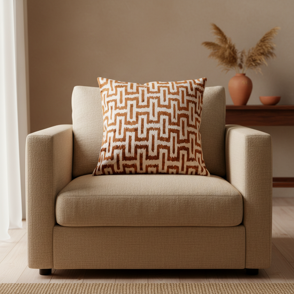 Silk Velvet Ikat Cushion – Off White/Brown