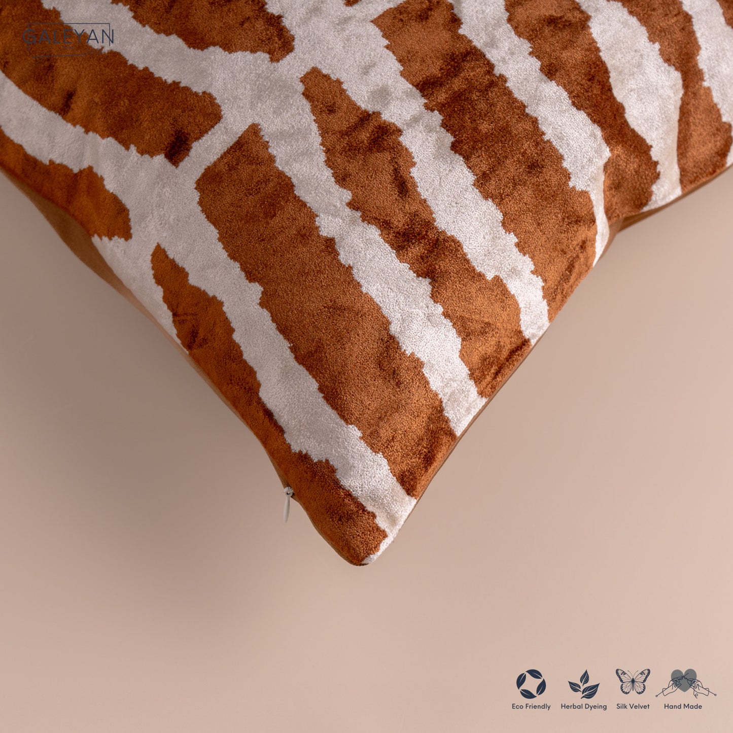 Silk Velvet Ikat Cushion – Off White/Brown