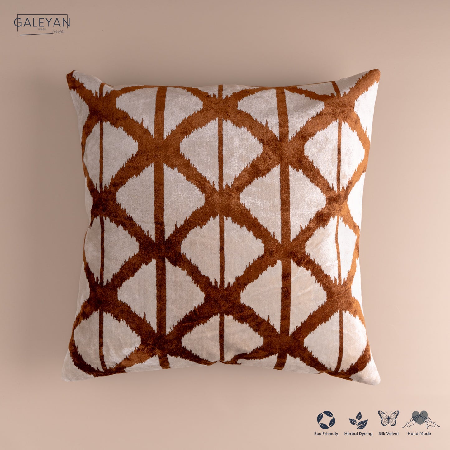 Silk Velvet Ikat Cushion – Off White/Brown