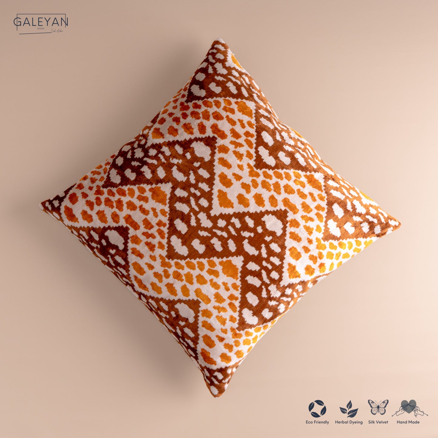 Silk Velvet Ikat Cushion – Off White/Brown/Saffron Gold