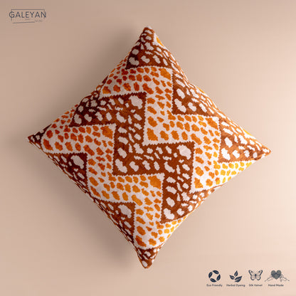 Silk Velvet Ikat Cushion – Off White/Brown/Saffron Gold